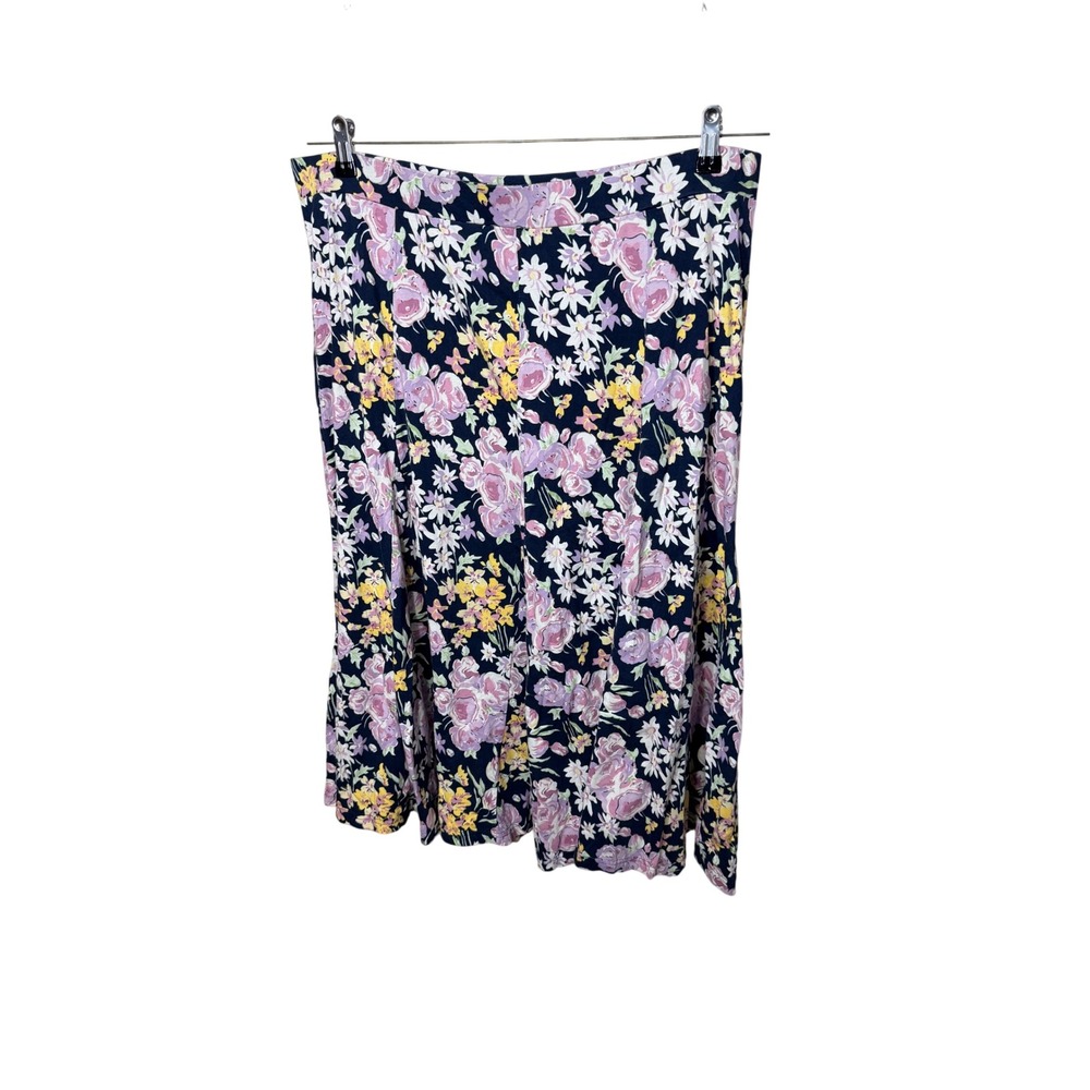 Chaps Womens 1X Floral Midi Skirt Navy Blue Cotton A-Line Elastic Waist